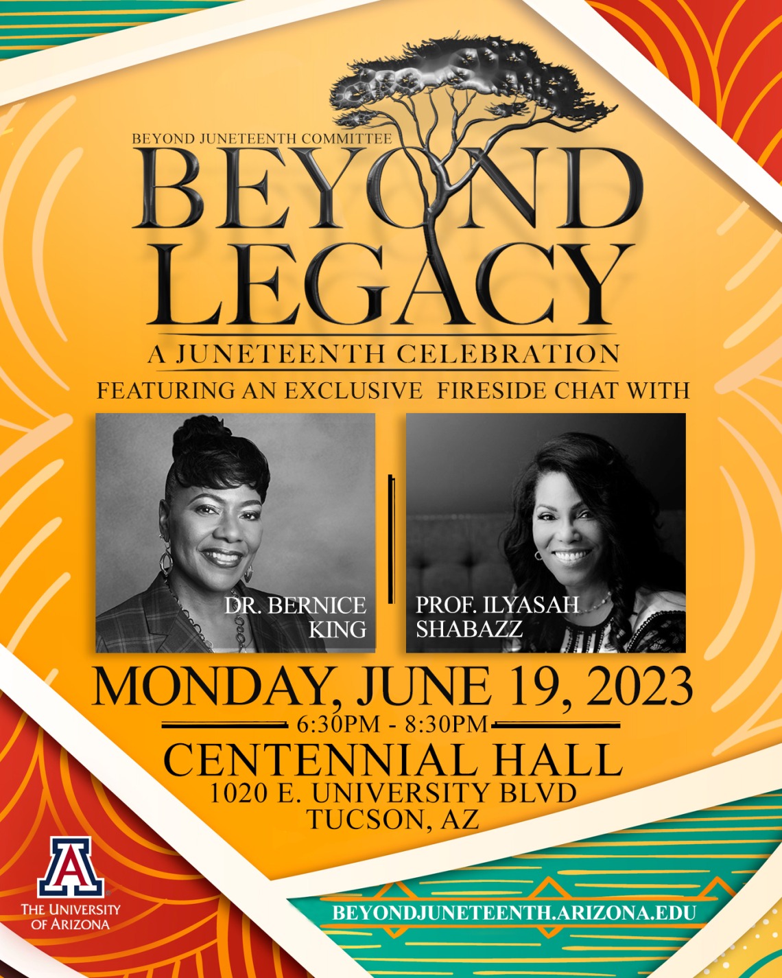 Beyond Legacy event flyer with a yellow background featuring the image of Dr. Bernice King and Professor Ilyasah Shabazz. Event information is included- Monday, June 19th, 2023 at 7:00 in the evening. Doors open to the public at 6:30pm.