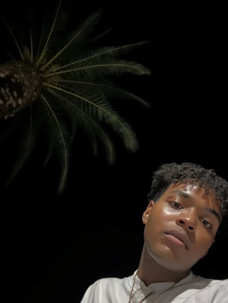Jarmon in the bottom right corner of a dark nighttime sky, with the outline of a palm tree to his left. He is tilting his head and looking down at the camera.