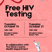 red squiggly background. red HIV/AIDS ribbon borders the top left corner. black text reads: free HIV testing. Tuesday october 14: 2-4, student union room 404. Tuesday october 21: 2-4, student union room 404. in collaboration with the pima county health department. questions? email ualgbtq@gmail.com.