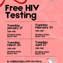 Pink background with black text that has the dates for HIV testing in collaboration with the Pima County Health Department.